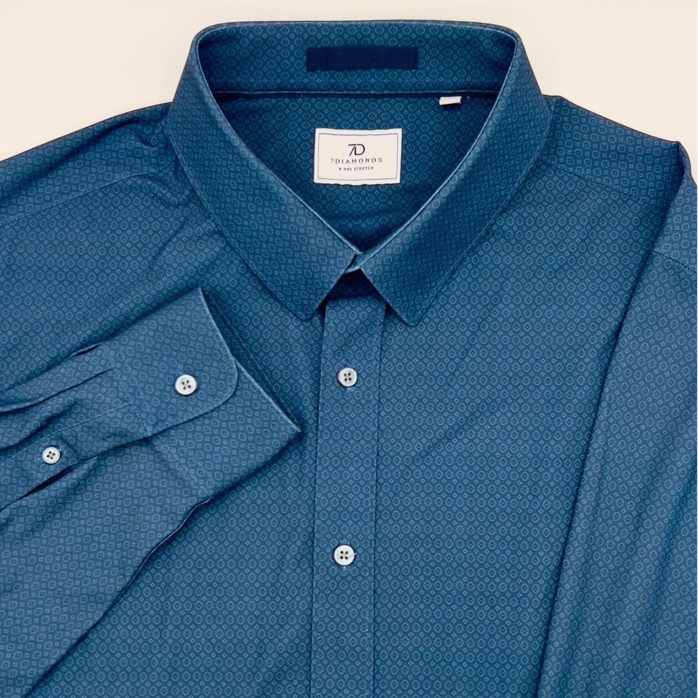 7 Diamonds Dale‎ 4 Way Stretch Blue Geometric Pattern Button Up Shirt Large 0438